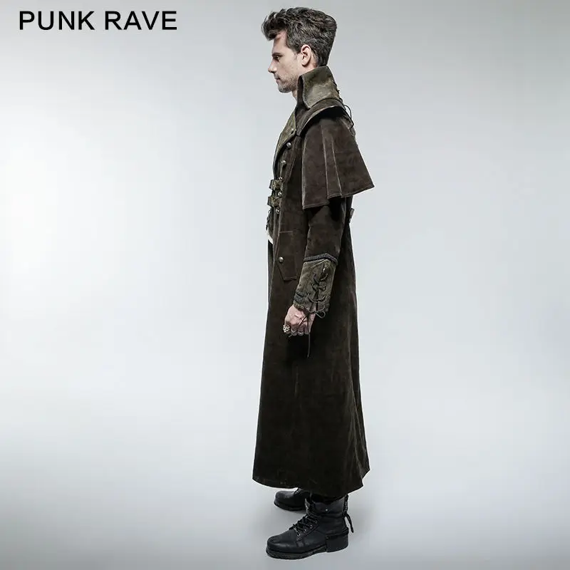 PUNK RAVE Mens Gothic Steampunk Leather Belts Long Jacket Coat Stage Performance Winter Long Trench Coat with Cape Windbreaker