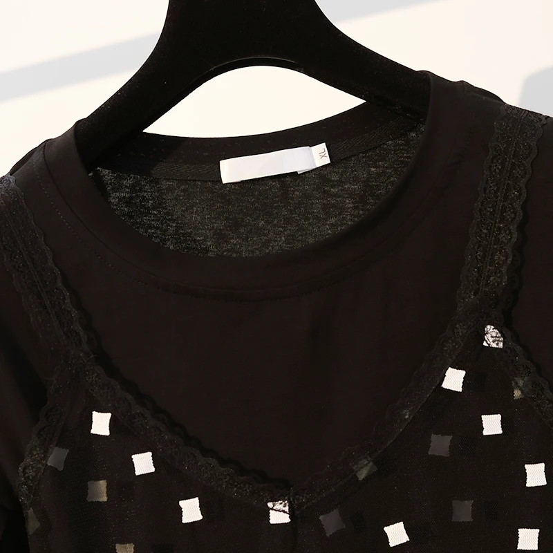 Женское чёрное платье 5XL, наборы,, Сплошные длинные футболки+ сетка, алмазные сплайсированные сетчатые Спагетти ремни, 2 предмета, платье, набор размера плюс