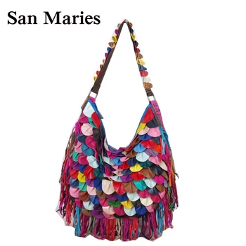 

Bohemian Popular New Women Handbag Tassel Ruffles Cross Body Bag Colorful Patchwork Shoulder Bags Sheepskin Handbags For Female