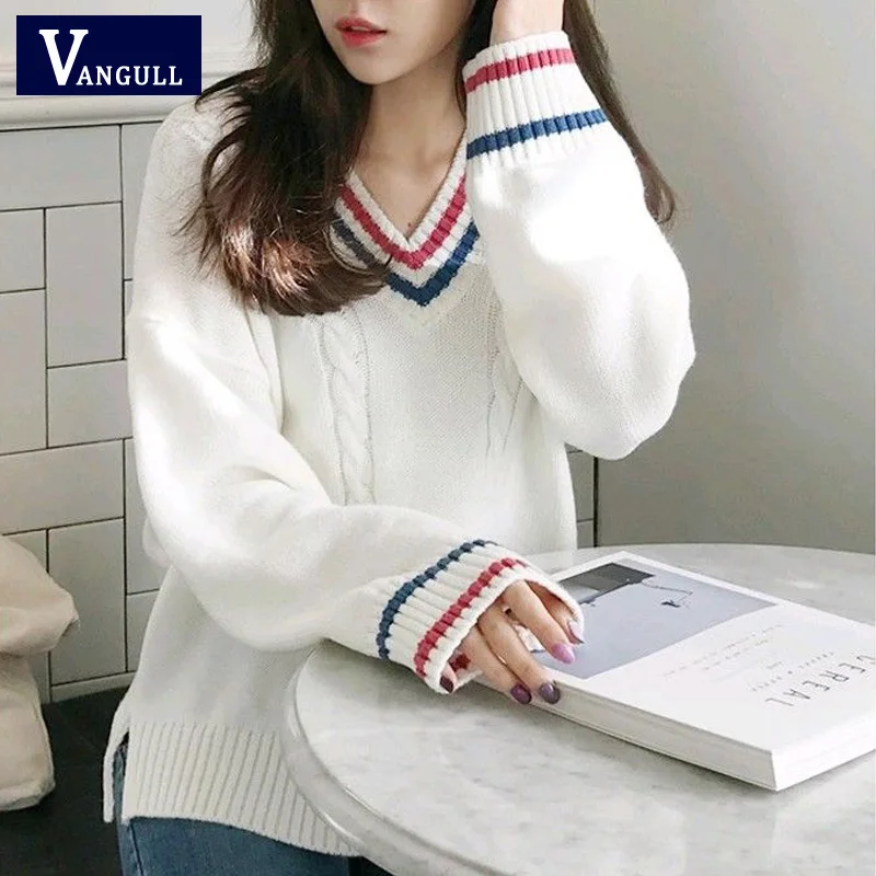 

VANGULL 2019 Spring Autumn New Casual Women Loose Knitted Sweater V-Neck Long Sleeve Pullovers bottoming Striped Sweaters