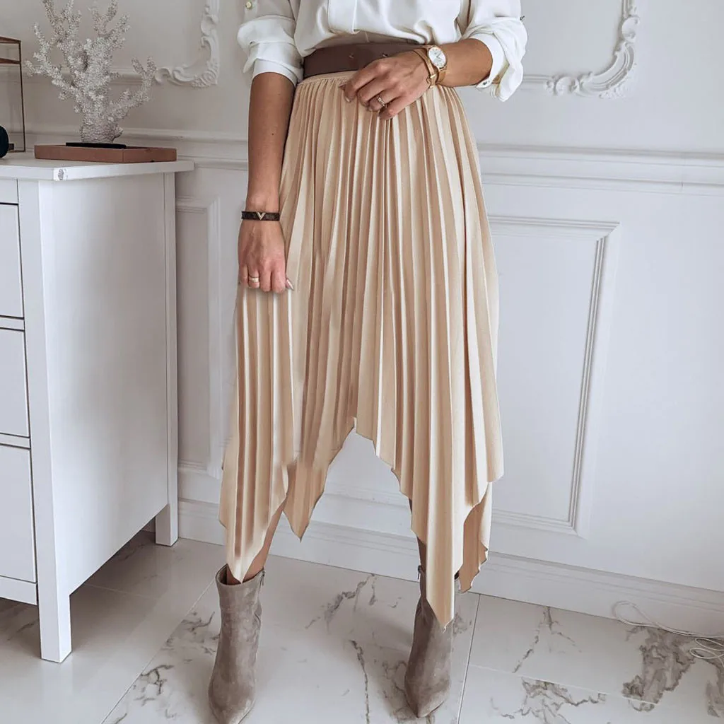 Летняя Сексуальная Женская юбка, высокая талия, сморщенная, чистый цвет, тренд, простая, дикая, Корейская, асимметричная, миди юбка, пляжная