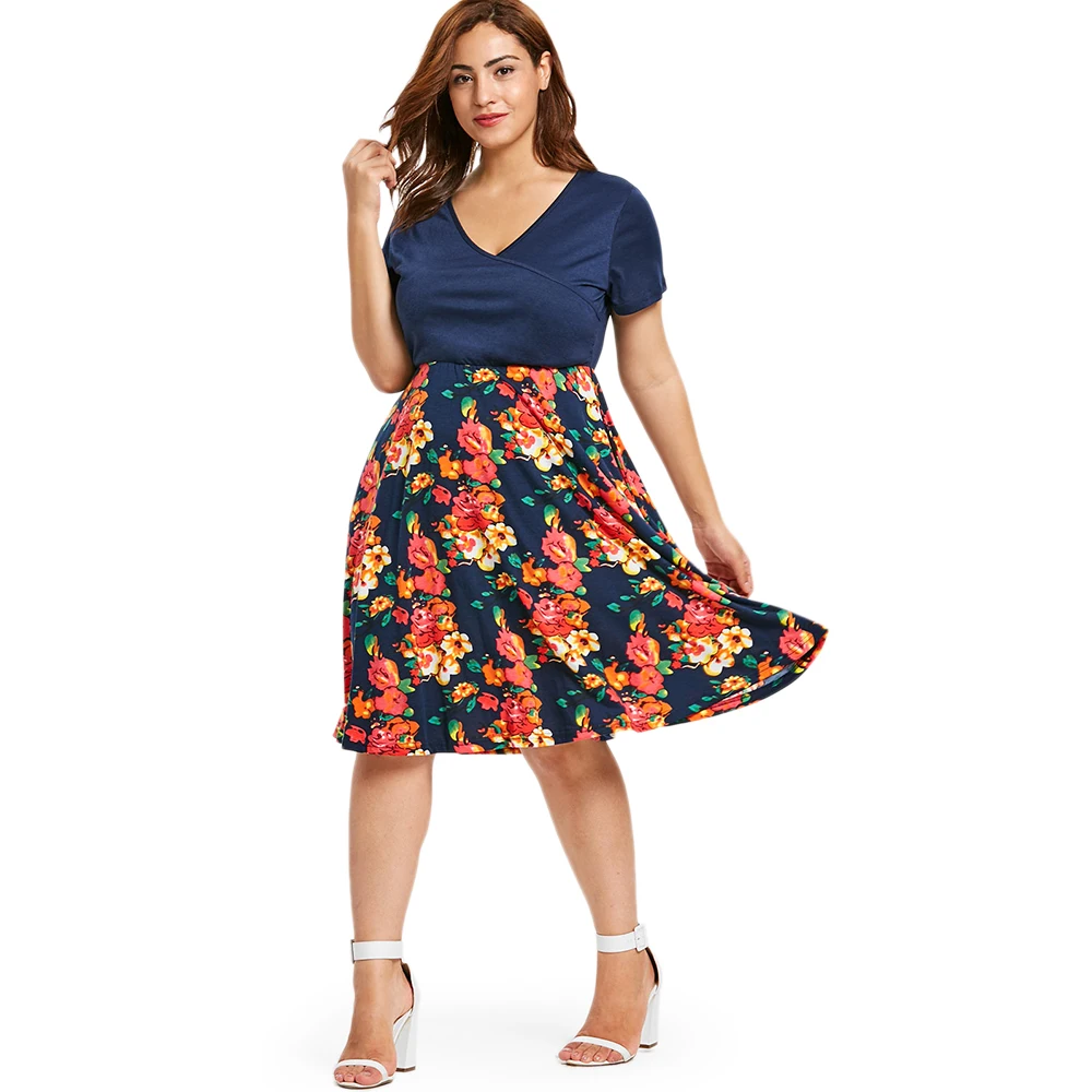 Женское платье с цветочным принтом V образным вырезом и коротким рукавом|Платья| |