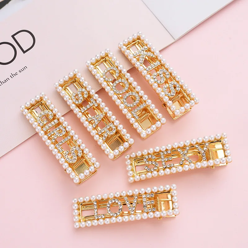 

2019 New Women Fashion Hair Accessories Rhinestone Crystal Love Kiss Star Letter Hair Pins Rectangle Imitation Pearl Hair Clips