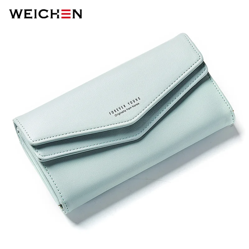 WEICHEN, новинка, геометрический конверт, клатч, кошелек для женщин, женский, кожаный кошелек, держатели для карт, отделение для монет, телефона, Длинные кошельки, Bolsas - Цвет: Green