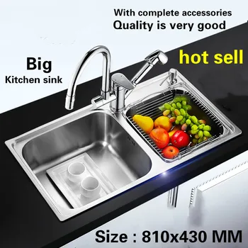 Price Free Shipping Kitchen Sink Big Food Grade 304 Stainless Steel Normal Double Groove 81x43 CM