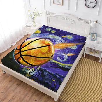 

3D Oil Painting Sports Bed Sheet Watercolor Basketball Design Fitted Sheet Basketball Fans Bedding Deep Pocket Sheet Home Decor