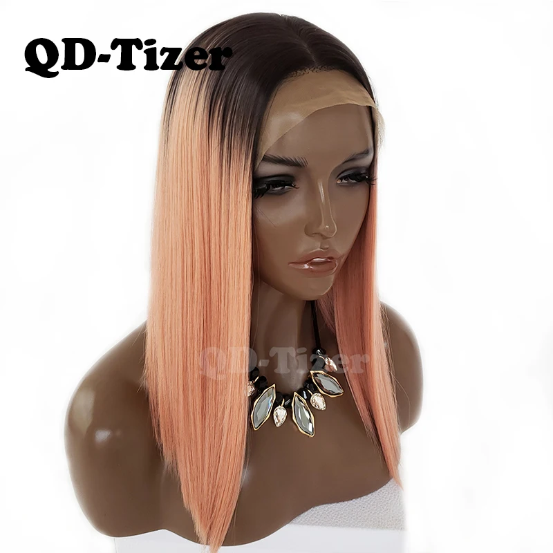 Beste QD Tizer Zijdeachtige Rechte Bob Roze Haar Pruiken Ombre 2 Tones Hoge Temperatuur Fiber Licht Roze Zwart Wortels Synthetische lace Front Pruik