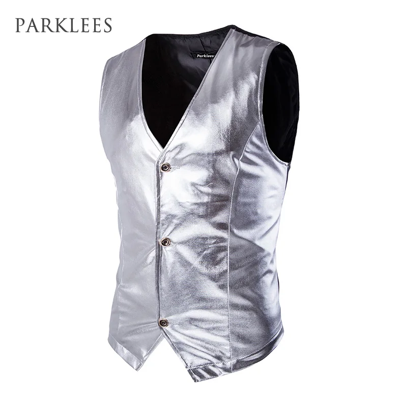 Buy Best Mens Night Club Slim Metallic Silver Suit Vest Casual Slim Fit