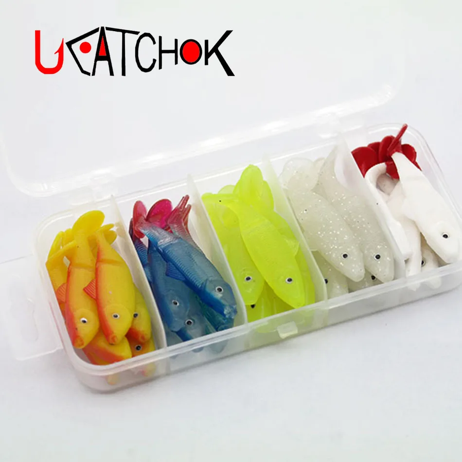 

30pcs/box 55mm 2g 5color combo soft fish lure artificial fish profile pesca lead hook bait mate luminous fishing tackle