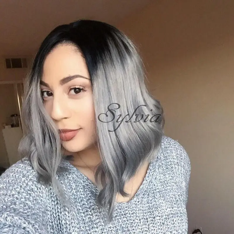 Natural Negro A Gris Plata Pelo Corto Bob Pelucas Del Cordon Sintetico Fibra Resistente Al Calor Peluca Del Frente Para Las Mujeres Negras Grises Pelucas Bob Synthetic Lace Front Wig Wigs For Blacksshort Bob