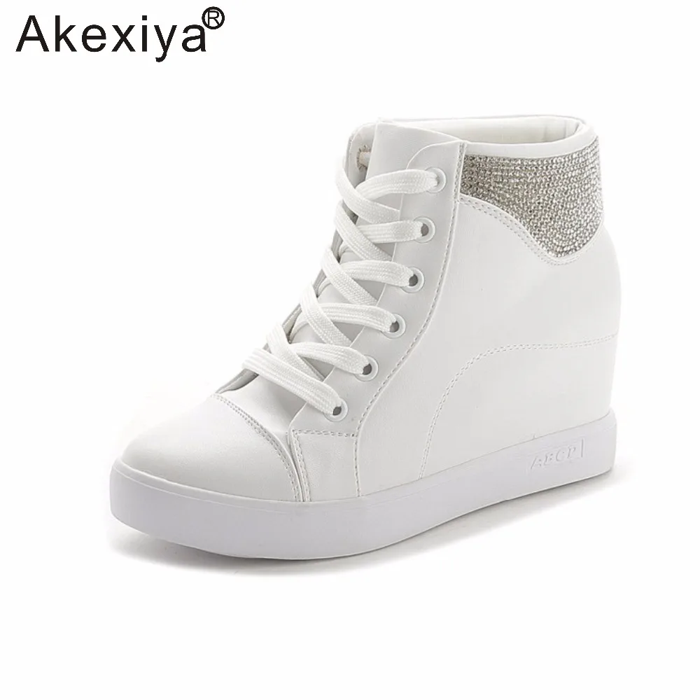 Comemore Leather Wedged Heeled High Top Running Shoes Women Height Increasing Breathable