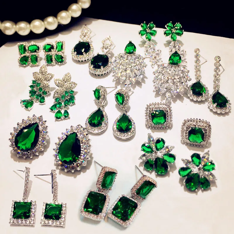 Sparkling Fashion Water Drop Green Stone Long Earrings Square Triangle Fan Shaped Cubic Zirconia Women Jewelry