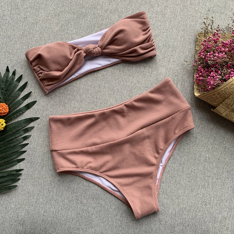 

Bandeau High Waist Bikini Botoms Swimwear Strapless Swimsuit Bathing Suit Women 2019 Wear Knot Pink Bikini Set Sexy Biquini