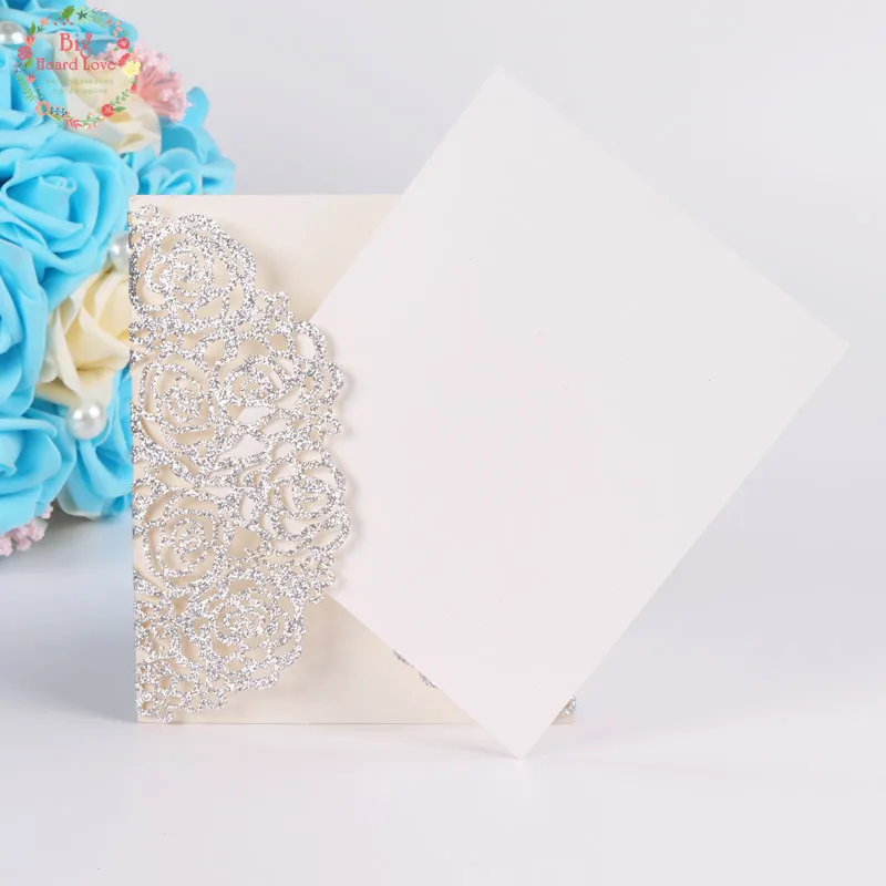 Big Heard Love 50 компл./лот блестящая бумага цветок свадебные пригласительные карты Лазерная Обработка карты для свадебной вечеринки украшения