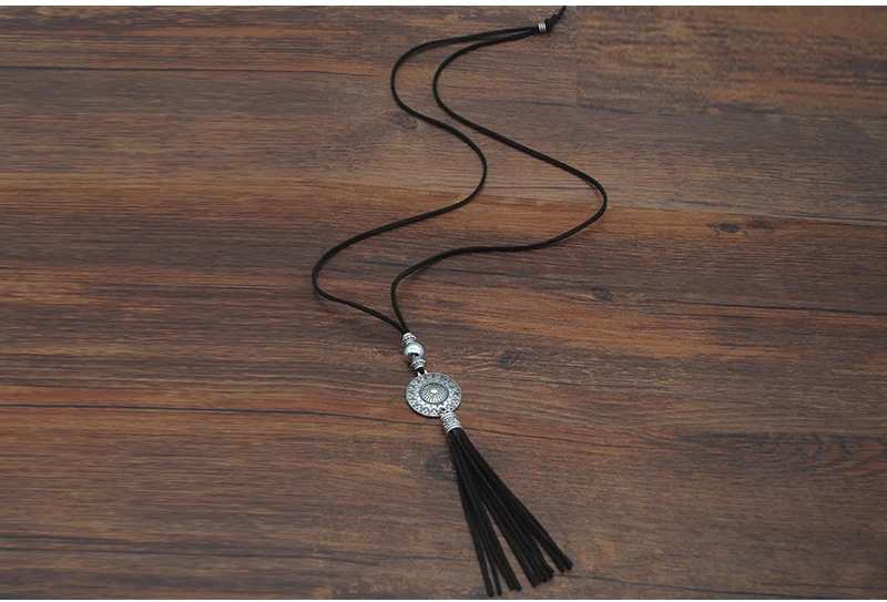 Yumfeel Bohemian Tassel Necklace Leather Tassel Pendant Necklace Long Necklace Dark Brown Color