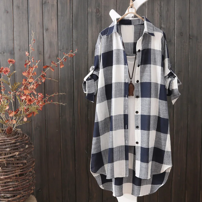  2019 summer new colorful plaid women blouse and shirts loose cotton and linen lady shirts outwear c