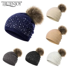 TRUENJOY Fashion Women's Winter Hat Pom Pom Knitting Beanies Hat Girls Rhinestone Soft Skullies Beaines Hat Cap dropshipping
