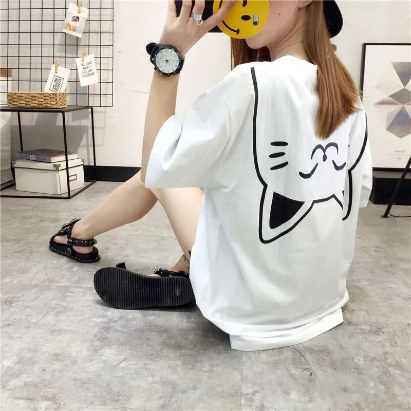 Футболки женские в Корейском стиле летние свободные с принтом Kawaii Модные женские s Harajuku Студенческая Милая одежда с круглым вырезом женская простая