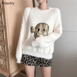 Пуловеры женские теплые модные свободные корейский стиль Печатные Простые Женские с круглым вырезом высокого качества женские s
