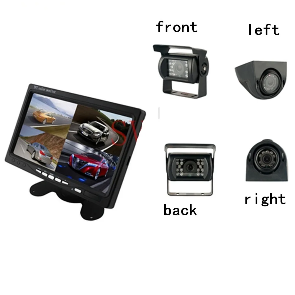 

New Arrival 4 Split Display 7 inch Car Backview Monitor Wired 4 way Split Monitor +2 Front/Rear Bus Camera +2 Rignt/Left Camera
