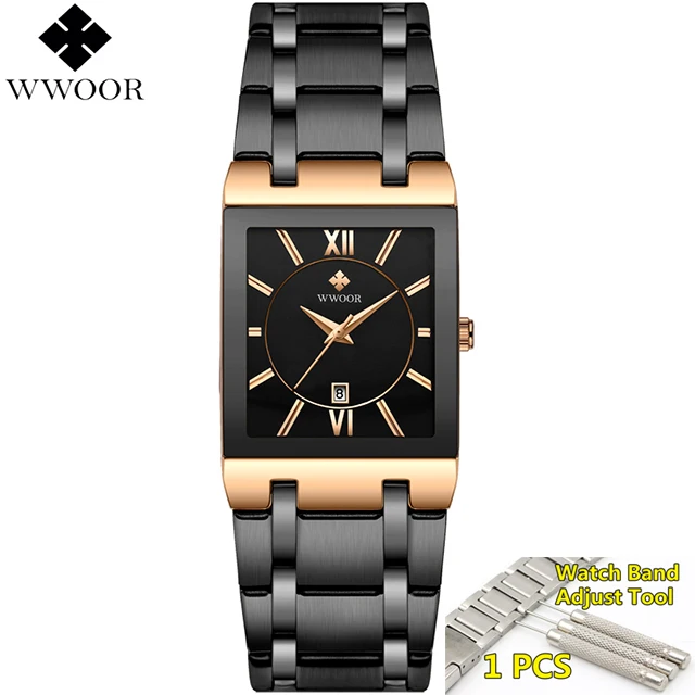 Мужские часы лучший бренд класса люкс WWOOR золотой черный квадратный кварцевые часы мужские водонепроницаемые золотые мужские наручные часы мужские - Цвет: rose gold black box