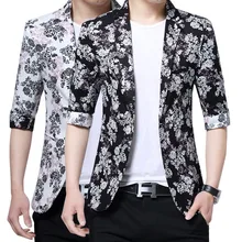 Mens korean slim blazer elegant summer jacket blazer for men floral print tops men's three quarter sleeve coats black white Mens korean slim blazer elegant summer jacket blazer for men floral print tops men's three quarter sleeve coats black white