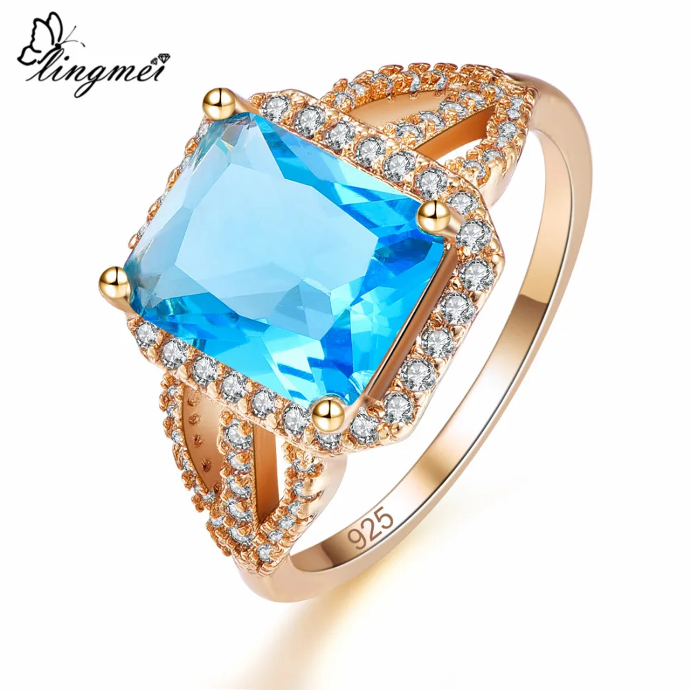 lingmei New Big Mysterious & Blue White Cubic Zirconia Gold Color Ring Size 6 7 8 9 Luxury Elegant Women Men Jewelry Wholesale