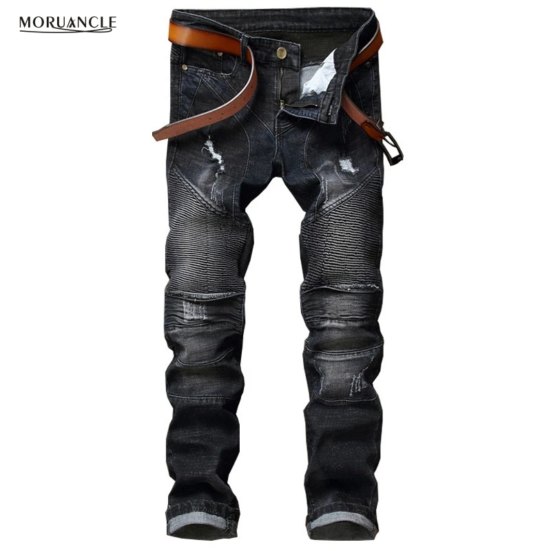 MORUANCLE Fashion Mens Ripped Motorcycle Jogger Jeans Brand Designer Slim Fit Distressed Biker Jeans Pants Male