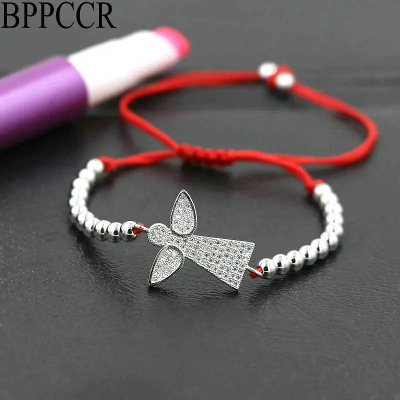 

BPPCCR Wishing Angel Wings Red Rope String Thread Braid Bracelets Silver Color Pave Setting CZ AAA Love Girls Charm Bracelet
