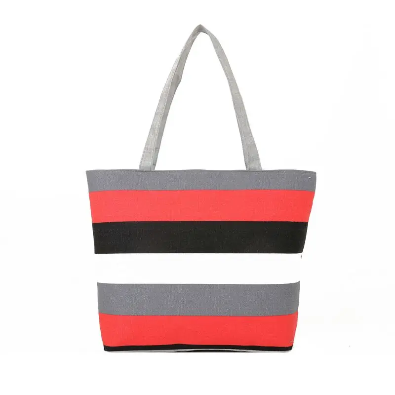 Women Zipper Large Capacity Summer Beach Shoulder Bag Handbag Fashion Strips Canvas Shopping Tote