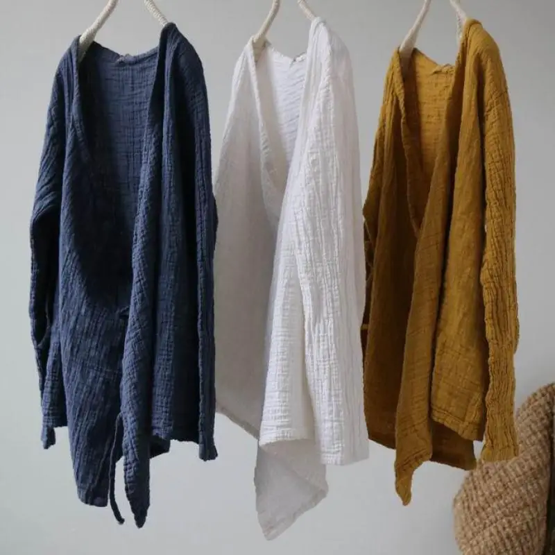 USWMIE 2018 الربيع النساء البلوزات بسيطة الأدب مهرج الخامس الرقبة بلون الكتان قميص طويل الأكمام واقية من الشمس غير النظامية تنحنح قمم