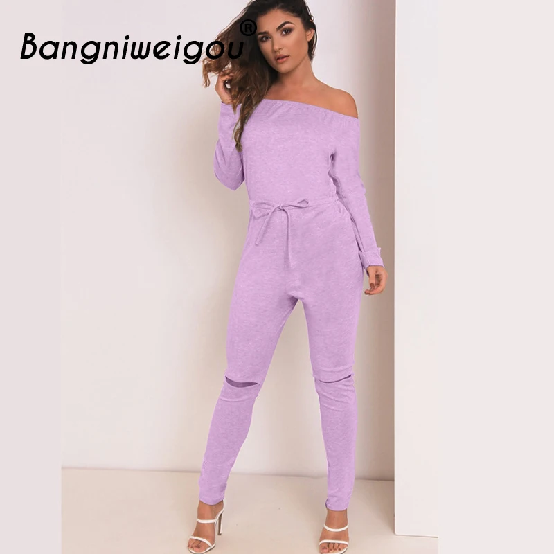 

Bangniweigou Slash Neck Jumpsuit Fall Fashion Long Sleeve Knee Hole Cut Bodysuit Overalls for Women Pink Green Workout Jumpsuit