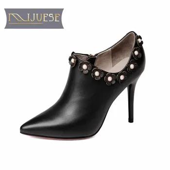 

MLJUESE 2018 women pumps cow leather autumn spring black color floral pointed toe thin heel heel high heels pumps autumn shoes