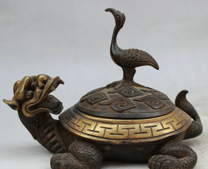 

Fast shipping USPS to USA S1565 Chinese Collect Pure Bronze Gilt Crane Ride Dragon Turtle Statue Box inkstone