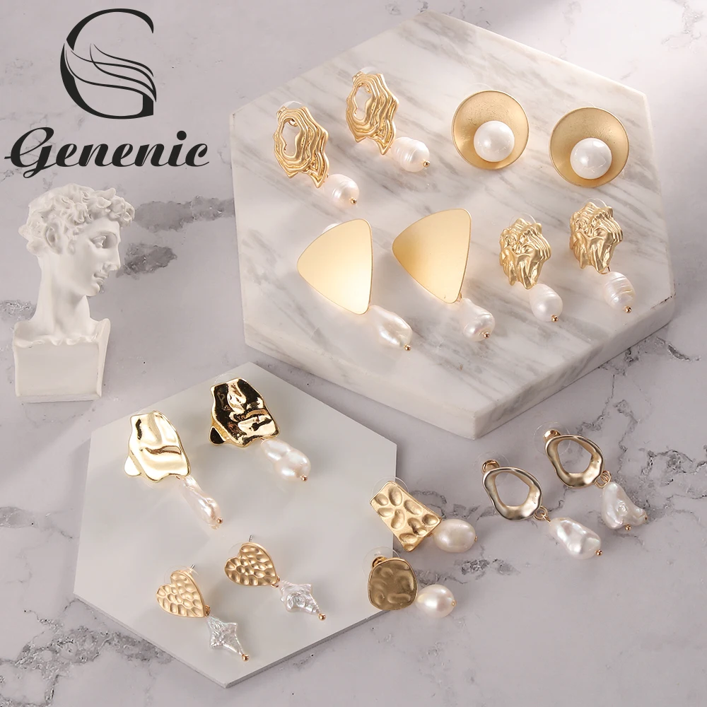 

2019 1 pair Matte Metal Gold Love Heart Triangle Geometric Irregular Natural Freshwater Pearl Stud Earrings Women New Year Gifts