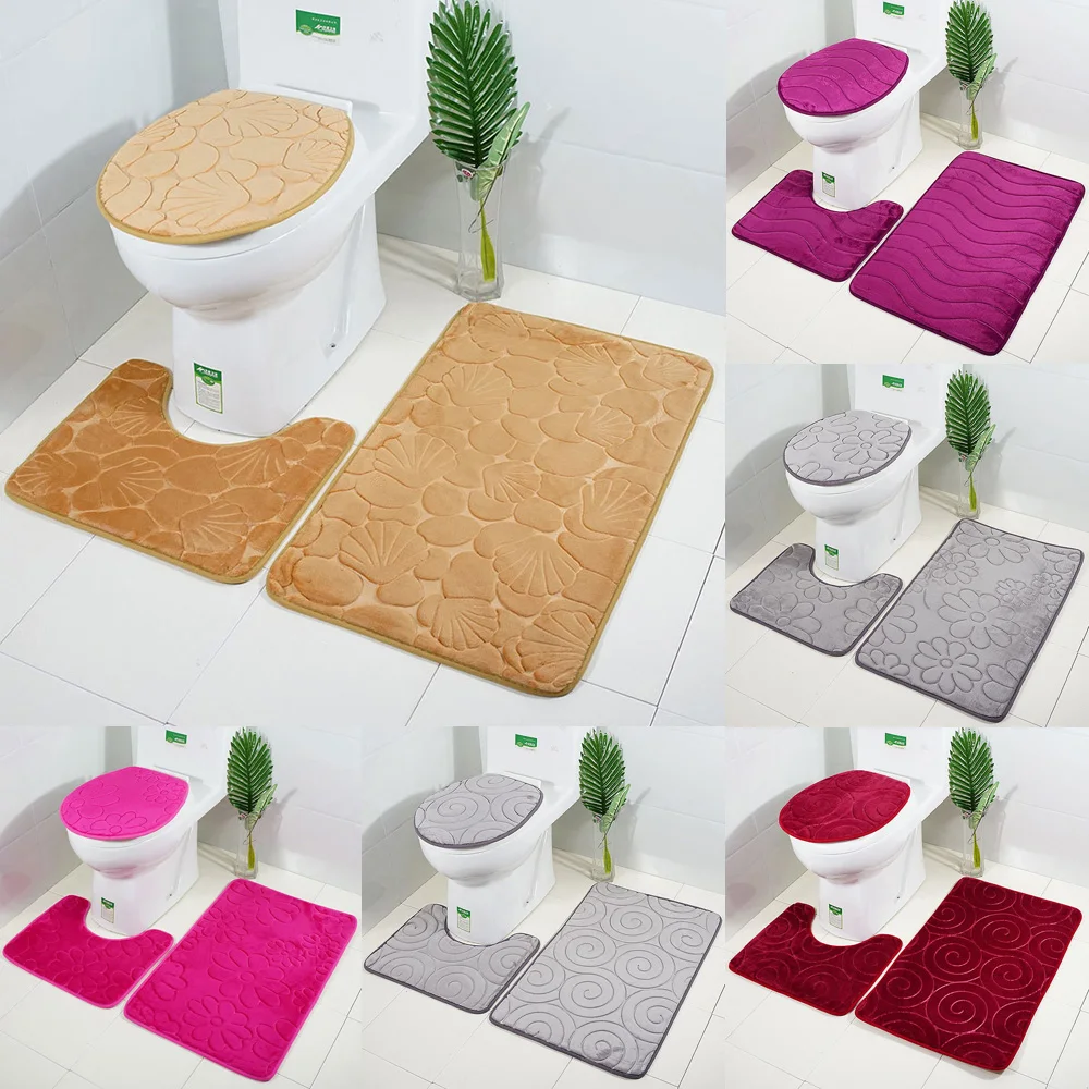 

3PCS Bathroom Bath Mat Set Toilet Rugs Flannel Anti Slip Shower Carpets Set Home Toilet Lid Cover Shower Room Rug Floor Mats