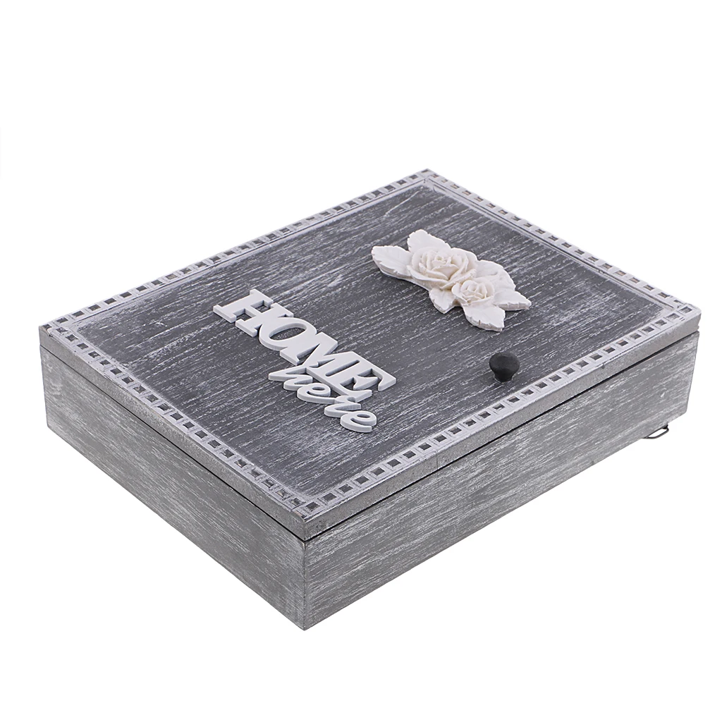 Shabby Chic Style Wooden Key Storage Box Wall Mount Shelf Cabinet Cupboard Rack with 6 Hooks Home Organizer for Letter