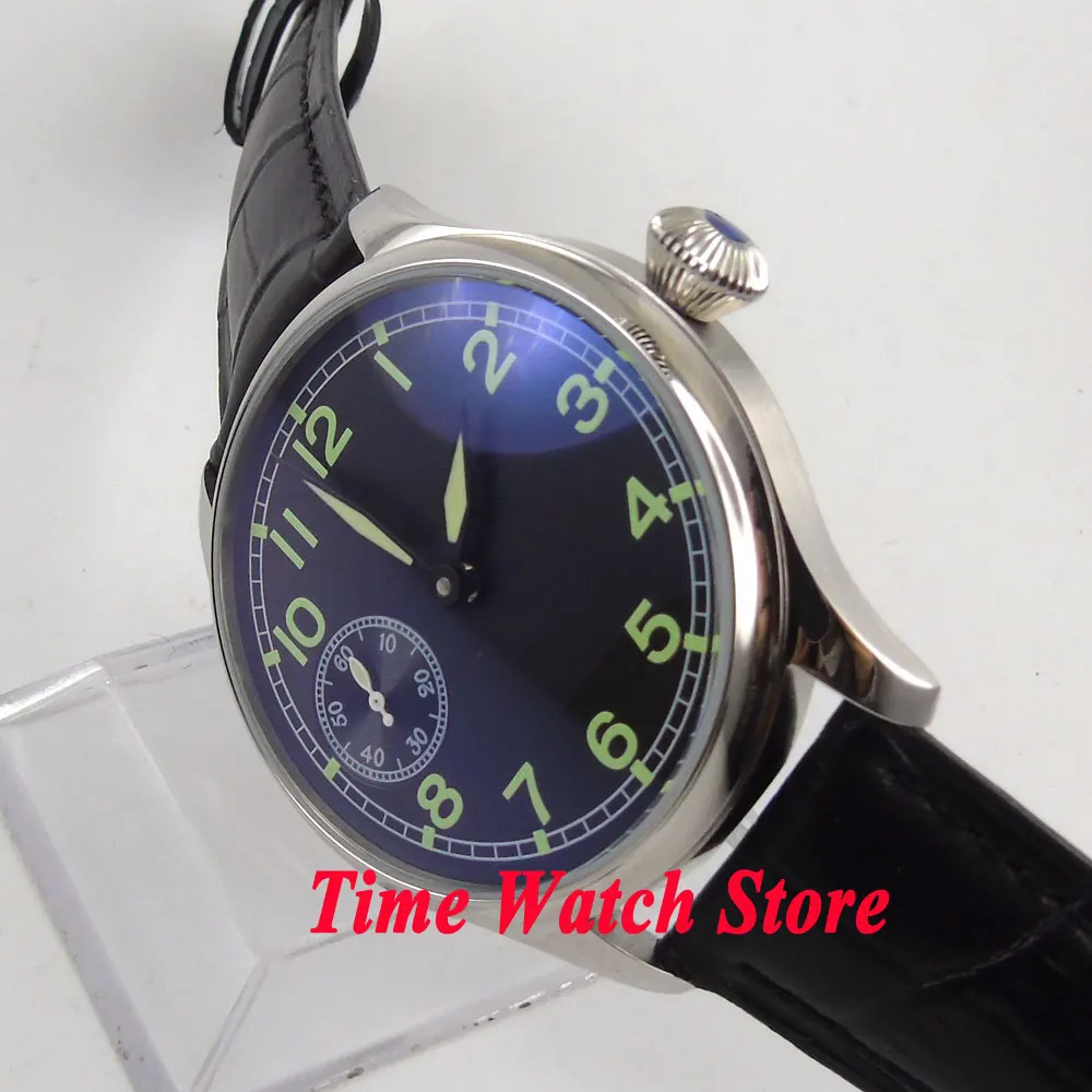 

Parnis 44mm 17 jewels 6497 hand winding Men's watch Polished waterproof Luminous black sterial dial green marks leather strap P5