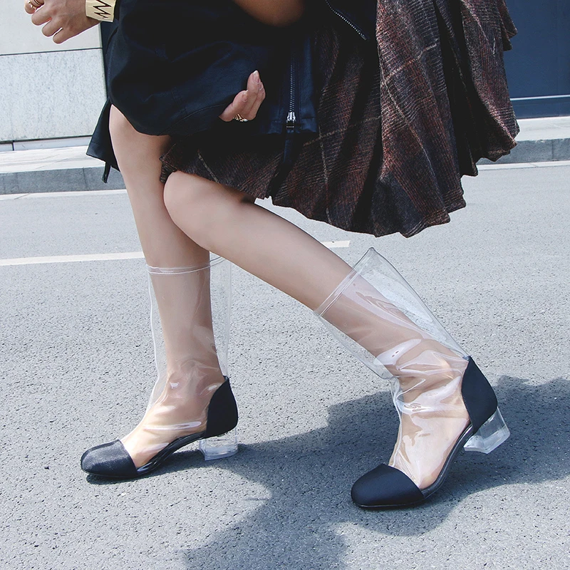Prova Perfetto/модные ботинки на прозрачном каблуке с кристаллами; женские ботфорты; высокие сапоги до бедра на низком каблуке; женская обувь; большие размеры