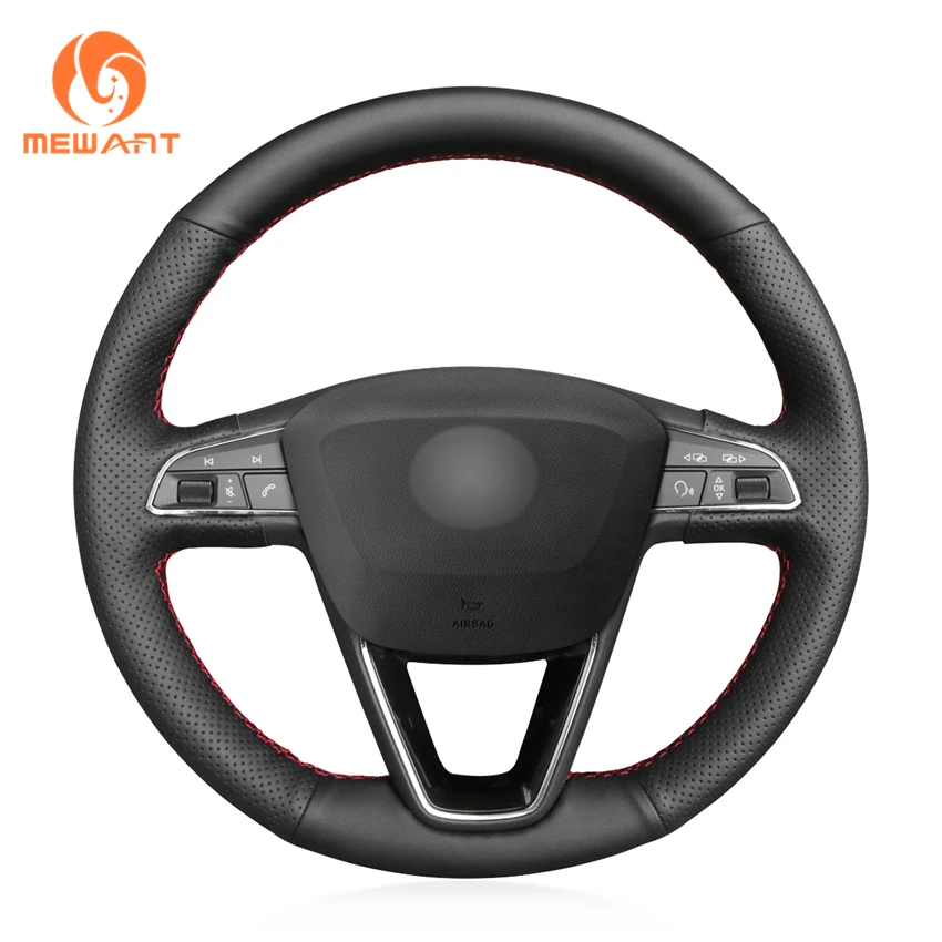 

MEWANT Hand-stitched Black Artificial Leather Steering Wheel Cover for Seat Leon Ibiza 6J 2016-2019 Arona Alhambra 5F Mk3 2013