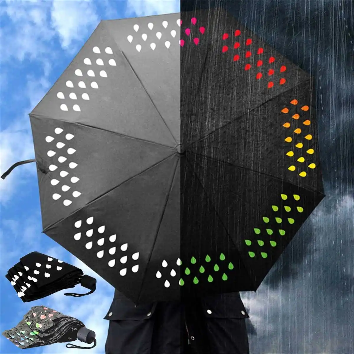 Новые три складные женские мужские нежные черные зонтики зонт, меняющий цвет, когда счетчики воды