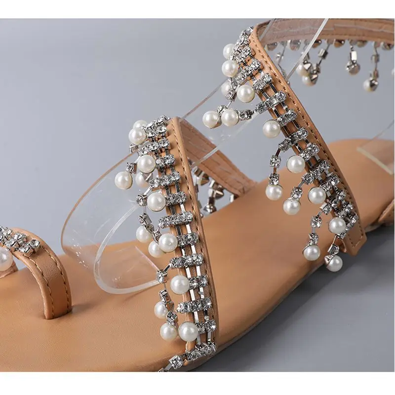 Женские босоножки; коллекция года; летние туфли на плоской подошве; повседневные сандалии с жемчугом; удобные сандалии с прямым валиковым швом; женская обувь с кристаллами; Размеры 35-43