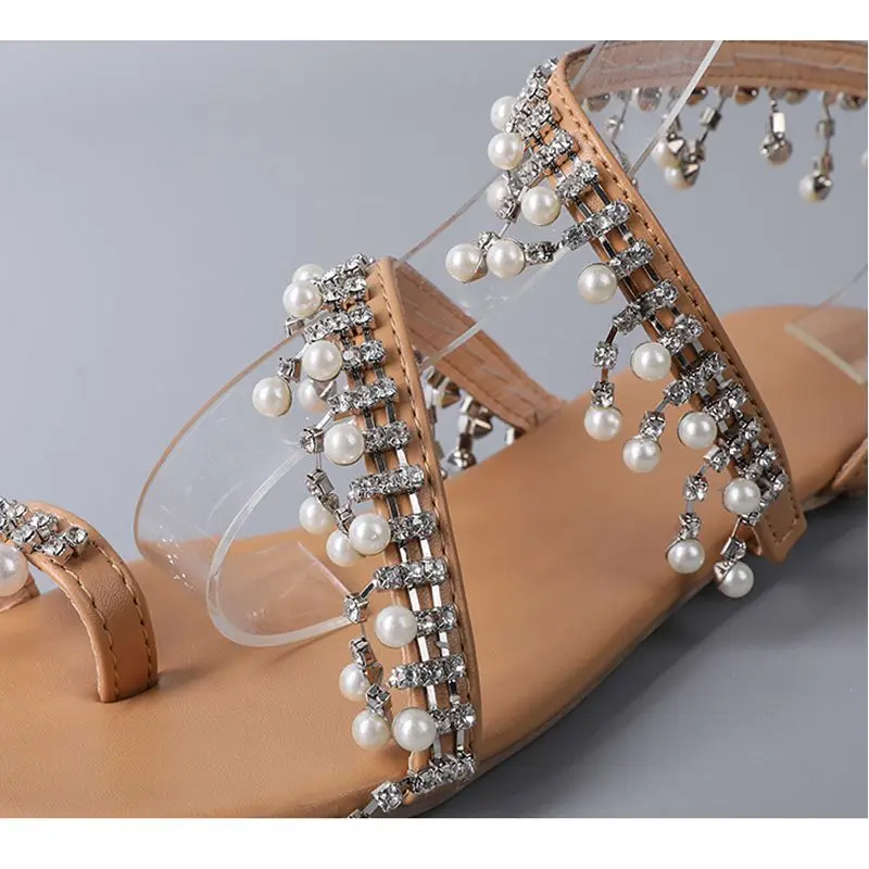 Women Sandals 2019 Summer Shoes Flat Casual Pearl Sandals String Bead Comfortable Sandals Women Crystals Shoes Size 35 - 43