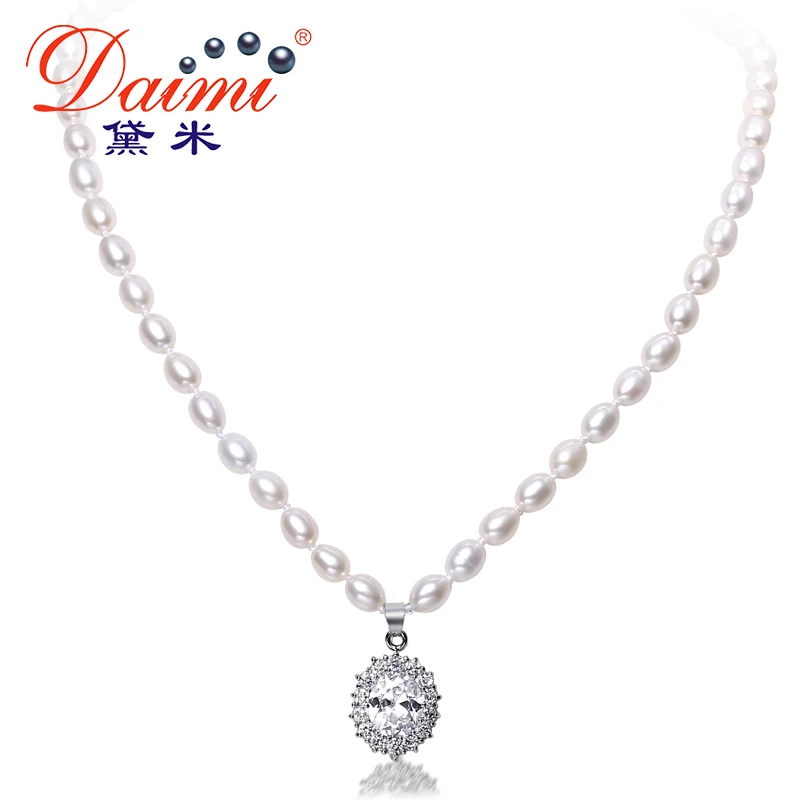 

DAIMI 6-7mm Natural Freshwater Pearl & Shinny Crystal Luxury Style Pendant Necklace Wedding Jewelry