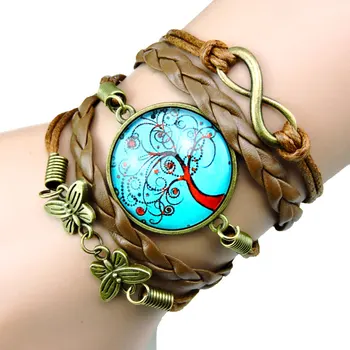 

20pcs/lot Classic Life tree Bangles Bracelets Fashion Glass Cabochon Bracelet for Women Newest Bronze Leather Bracelet