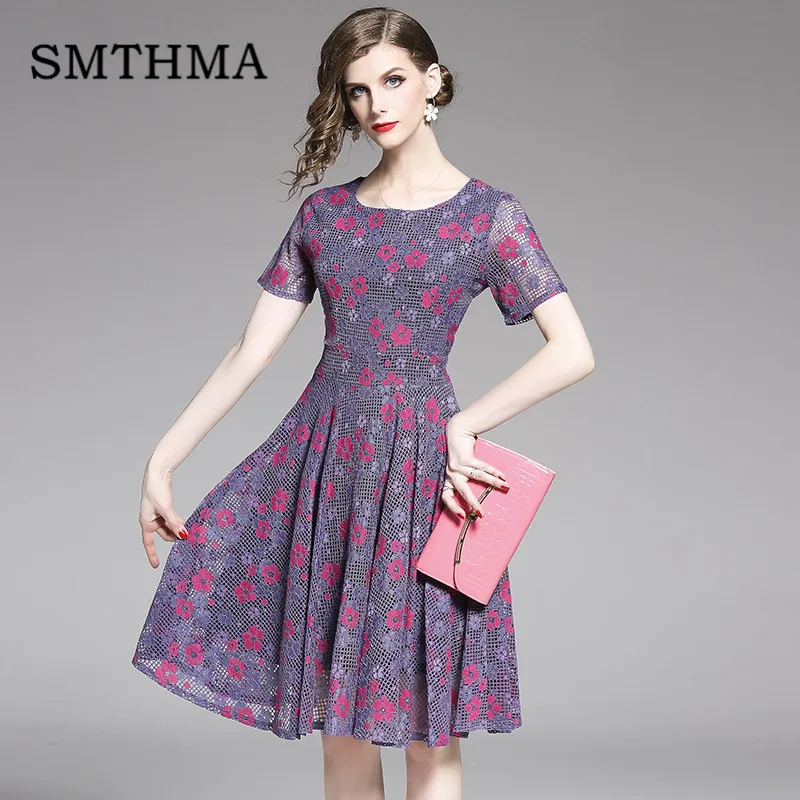 

SMTHMA 2018 Summer Pink Dresses Women's Fashion Slim Vestidos European Casual Office Party Lace Dress