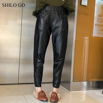 

SHILO GO Leather Pants Womens Spring England sheepskin genuine leather Pants stretch high waist side pocket Casual harem pants