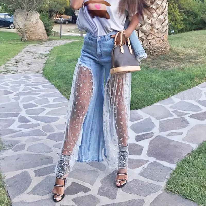 

New 2019 Wide Leg Jeans Women Fashion Star Print Patchwork Mesh Sexy See Through Summer Streetwear Casual High Waist Jeans Girl