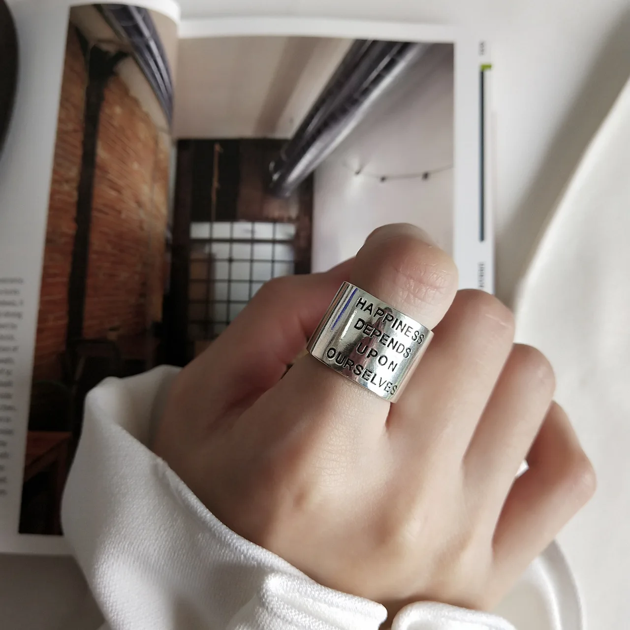 

925 sterling silver happiness depend up on ourselves vintage do old wide area ring personality fashion jewelry for woman gift