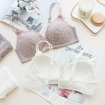 

Roseheart Women Fashion Purple Lace Bow Padded Bras Bralette Cotton Trim Panties Push Up Wireless Bra Sets Sexy Lingerie Sets